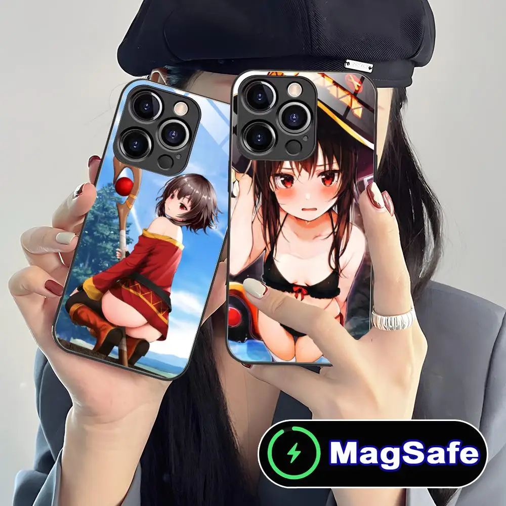 

Чехол для мобильного телефона Konosuba Megumin для iPhone 17, 16, 15, 14, 13, 12, 11 Pro Max Plus Mini MagSafe, стеклянный цветной чехол для смартфона