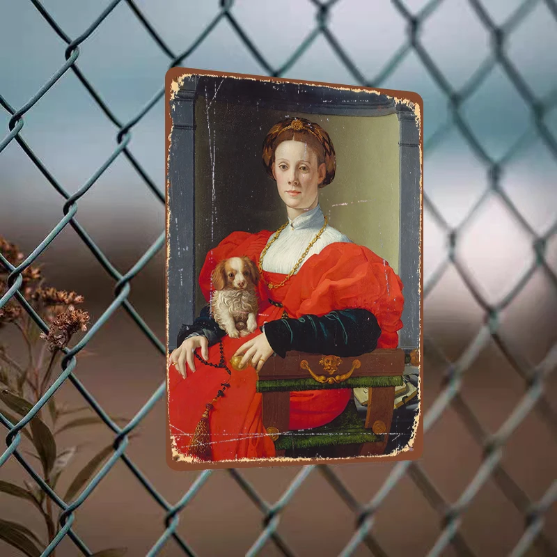 Renaissance Noble Lady with Pet Dog Vintage Oil Painting Custom Metal Tin Wall Art Decor for Living Room
