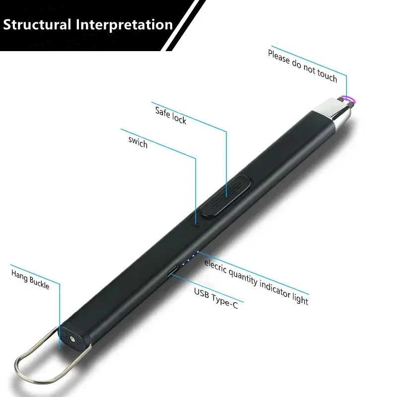 USB Type-C Charging Portable Hook Electric Arc Ignition Gun, Metal Outdoor Windproof, Kitchen Candle BBQ Gas Stove Pulse Lighter