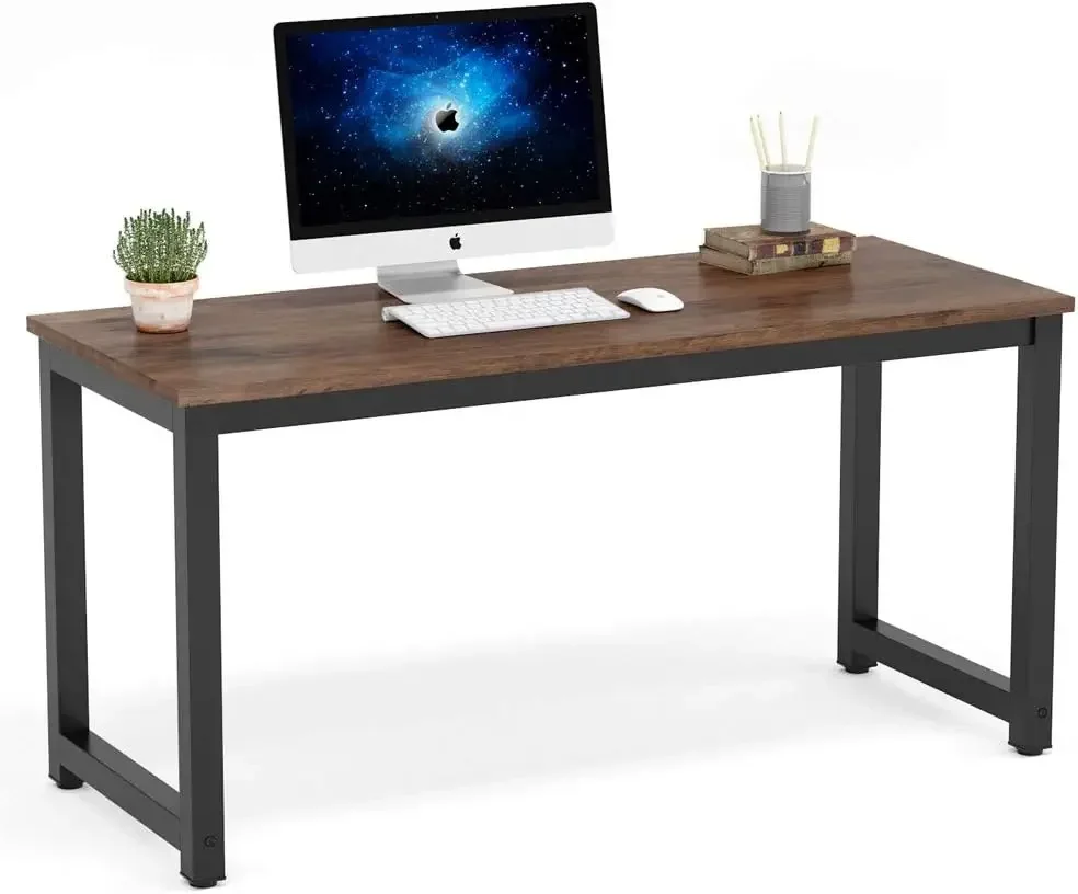 Mesa de computador, mesa de escritório grande de 55 polegadas, mesa de computador, mesa de estudo, estação de trabalho para escritório doméstico, marrom rústico