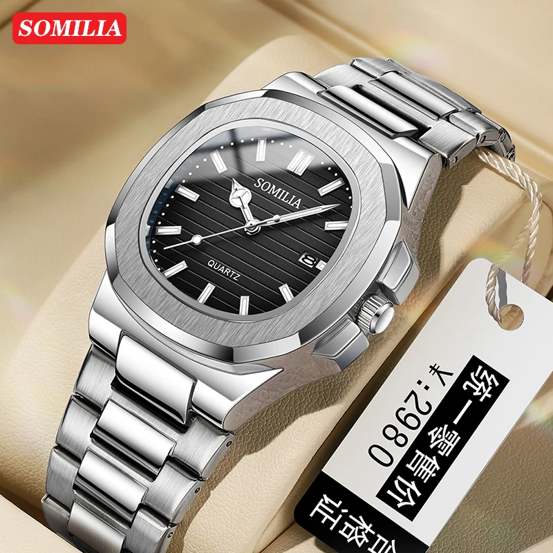 SOMILIA 2310 Reloj de lujo para hombre, resistente al agua, con luz nocturna, reloj de acero inoxidable para hombre, reloj informal de cuarzo para hombre, reloj para hombre