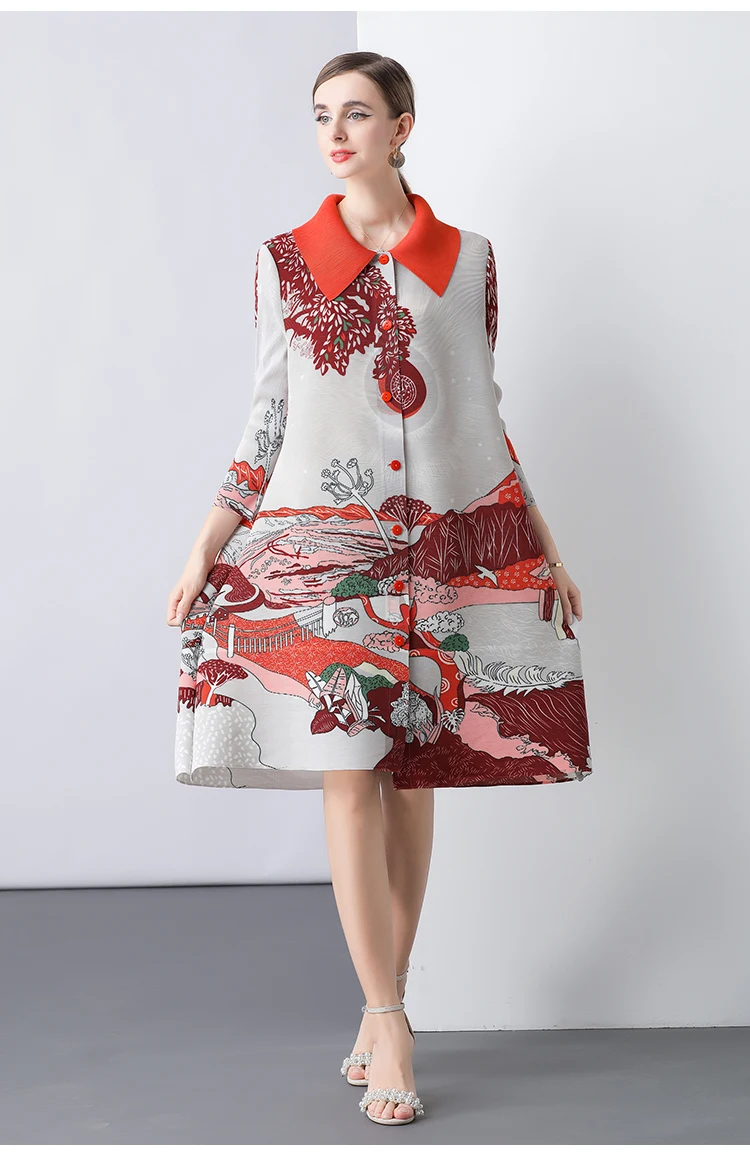 Temperamento de nicho japonés, colores contrastantes, cuello de muñeca, gabardina plisada, falda que muestra el vestido fino medio largo con estampado Miyake