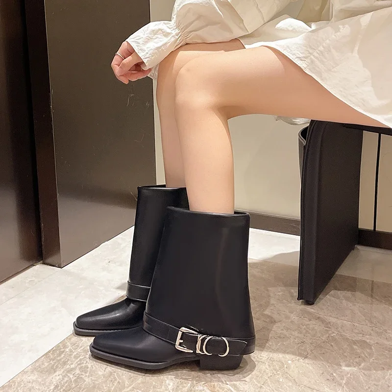 

Autumn and Winter Simple Commuting Travel Niche Retro Thick Heel Belt Short Boots Pointed Pants Tube Boots for Women
