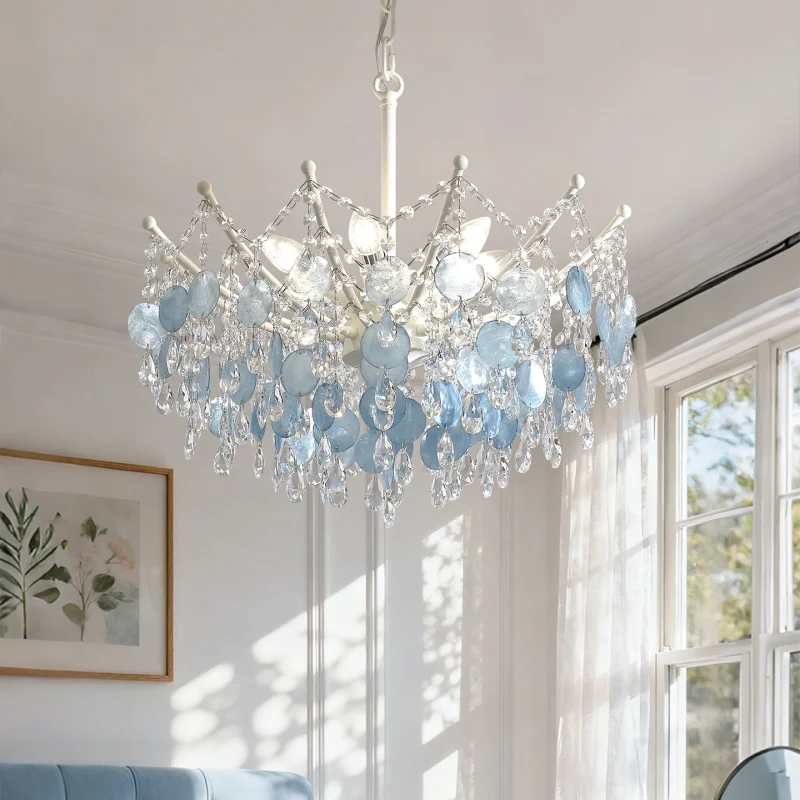 French K9 Crystal Chandelier Luxury Vintage Blue/white Natural Shell Pendant Light For Romantic Villa Living Dining Room Bedroom