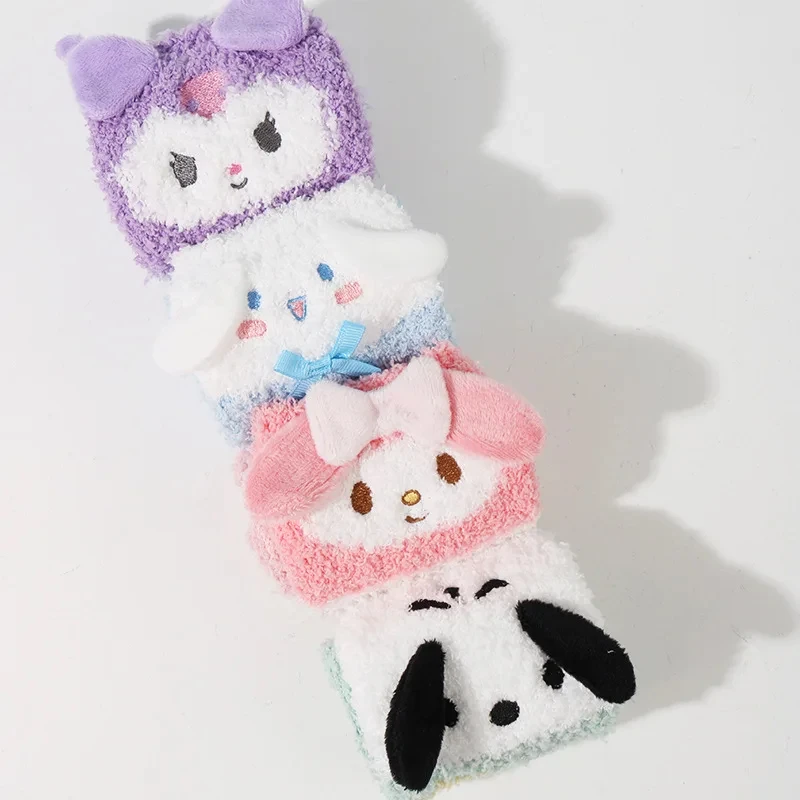 4Pcs/set Kawaii Sanrio Plush Sock Anime Kuromi Cinnamoroll MyMelody Autumn Winter Ins Soft Girl Floor Sox Holiday Cotton Socking