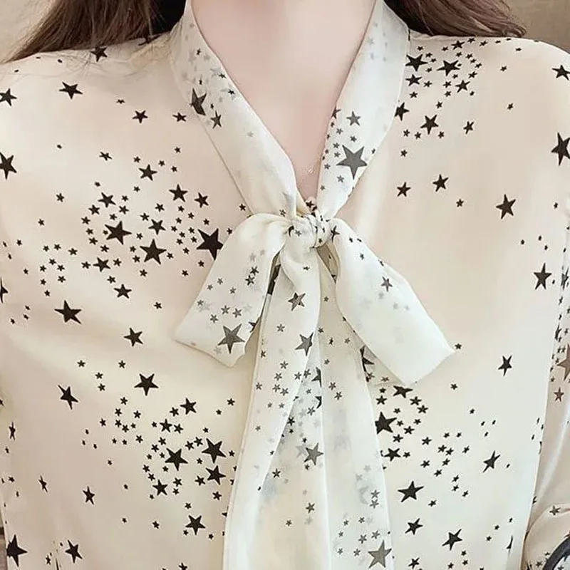 Sweet Lacing Bow Lady Slim Printed Shirt 2024 Spring and Summer Korean Elegant Chiffon Thin Long Sleeve Blouses Pullovers Female