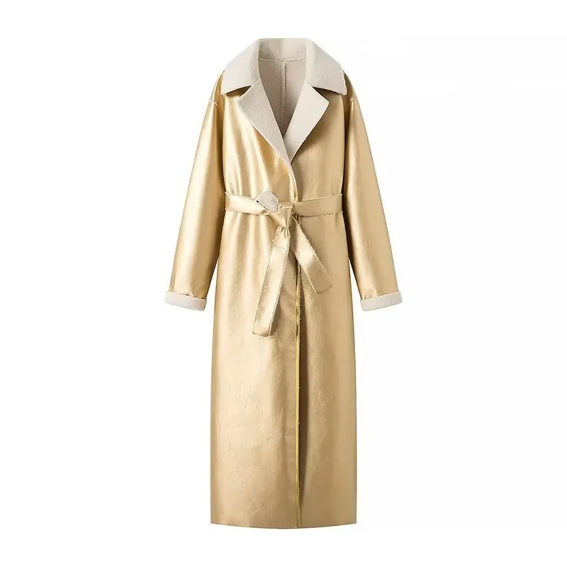 

Plus Size Women's Clothing Long Coat Double Lapel Jacket With The Inside Made Of Curly Plush Gold And Silver Windbreaker Coat