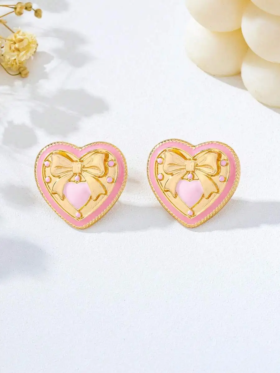 Pendientes de corazón rosa con detalle de lazo dorado, joyería romántica de moda para uso diario, regalos, fiestas y ocasiones especiales