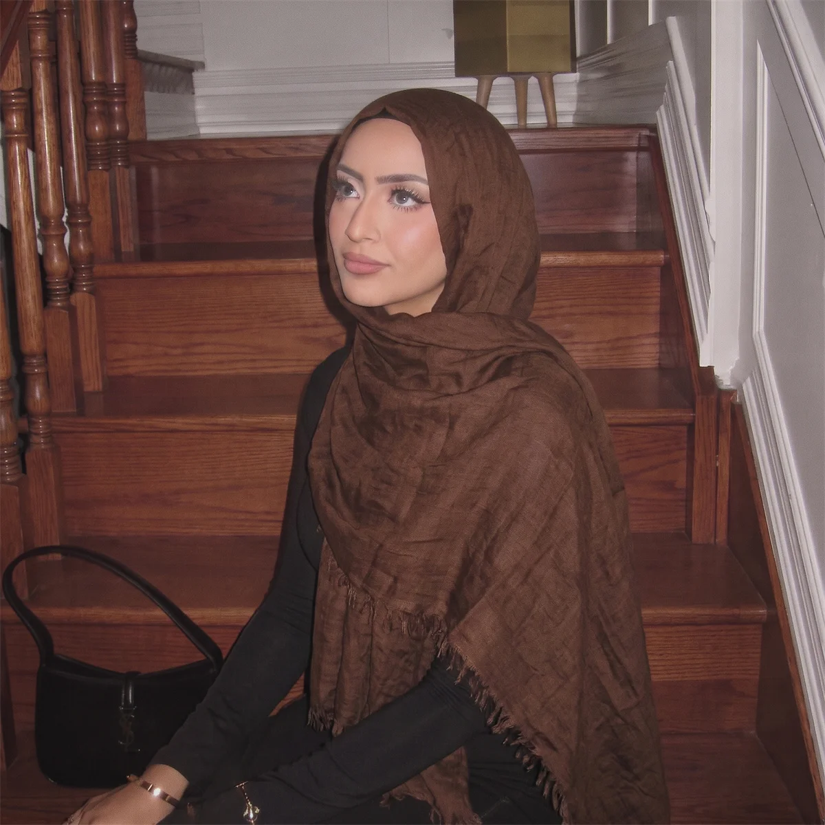 Fashion Modal Hijab Scarf for Women Soft Lightweight Crinkle Fringe Shawl Headscarf for Daily Wear Solid Turban Wrap for Daily