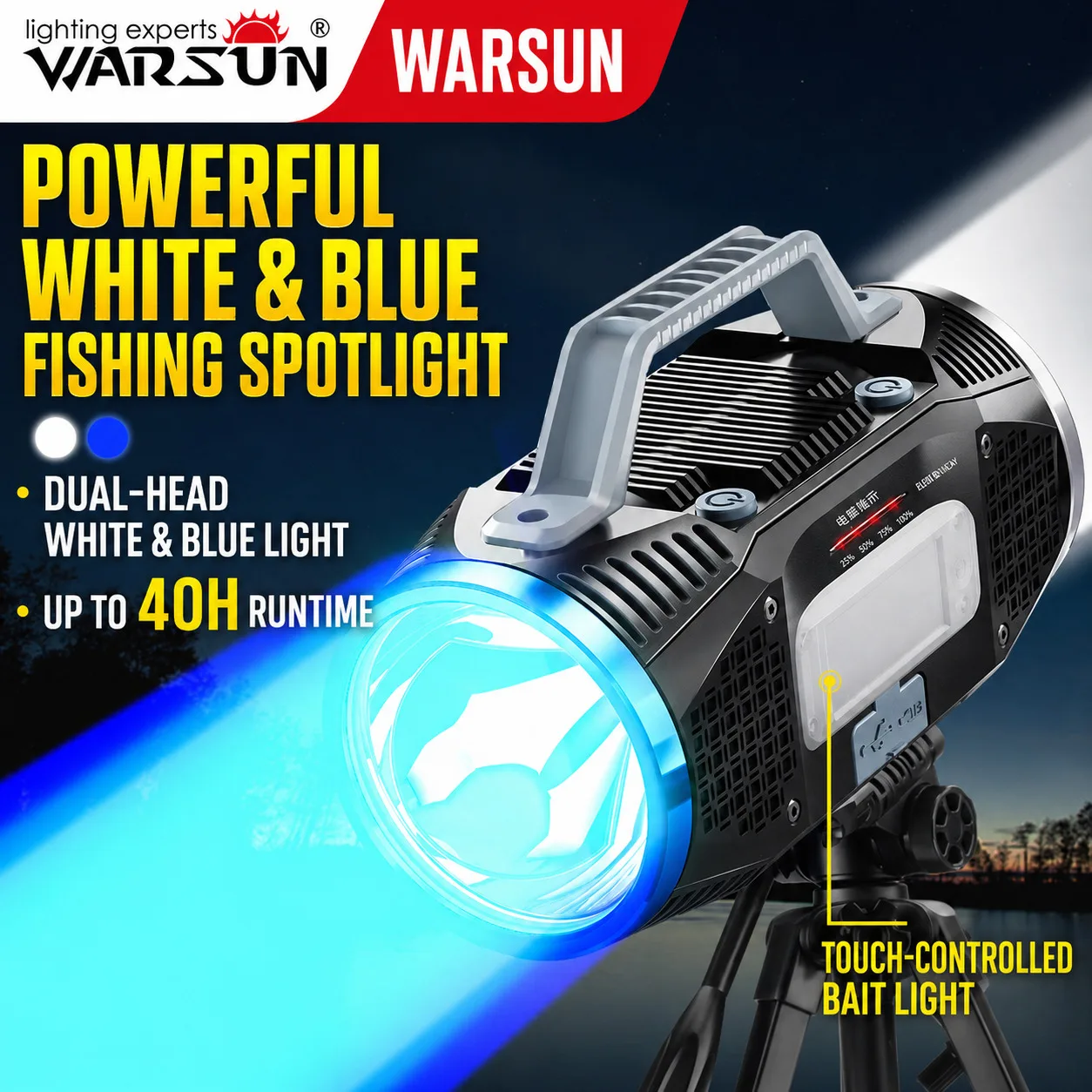 WARSUN 8009 Long-Lasting Night Fishing Light, Rechargeable Blue White LED Lamp for Wild Fishing, Camping and Outdoor Lighting