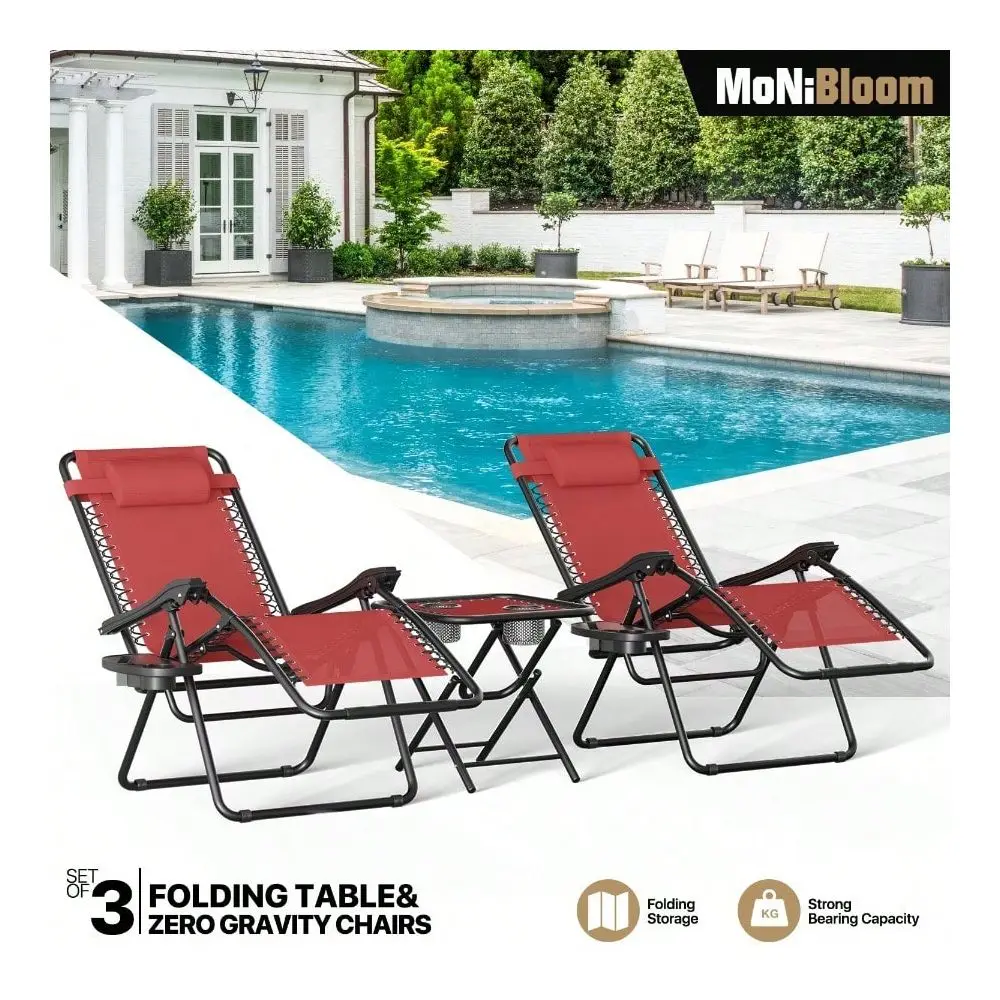 

Outdoor Zero Gravity Chairs 3Piece, Adjustable Folding Reclining Chairs With Folding Table, Pillow And Tray, Pool Patio Lawn Be