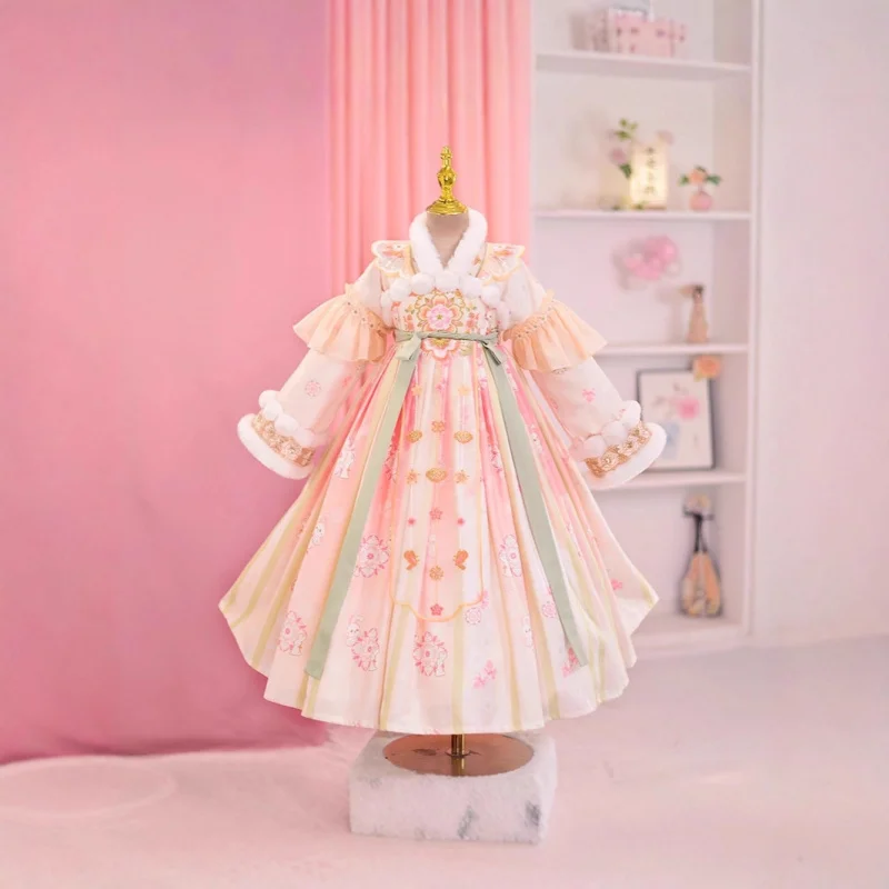 Girls' Hanfu Long Sleeve Winter Fleece Warm Ru Skirt Baby Girl Ancient Costume Soft Tang Suit Cool Fairy Dress