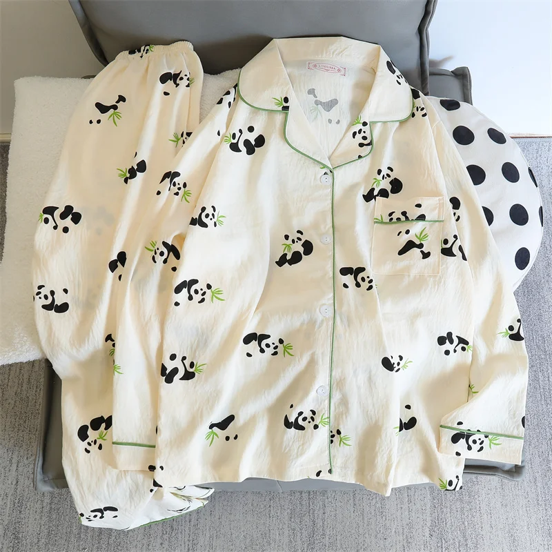 Piżama damska z nadrukiem Cute Panda Jesienno-wiosenna bielizna nocna z długim rękawem Topy i spodnie Piżama 2-częściowy garnitur Bielizna nocna Bielizna nocna