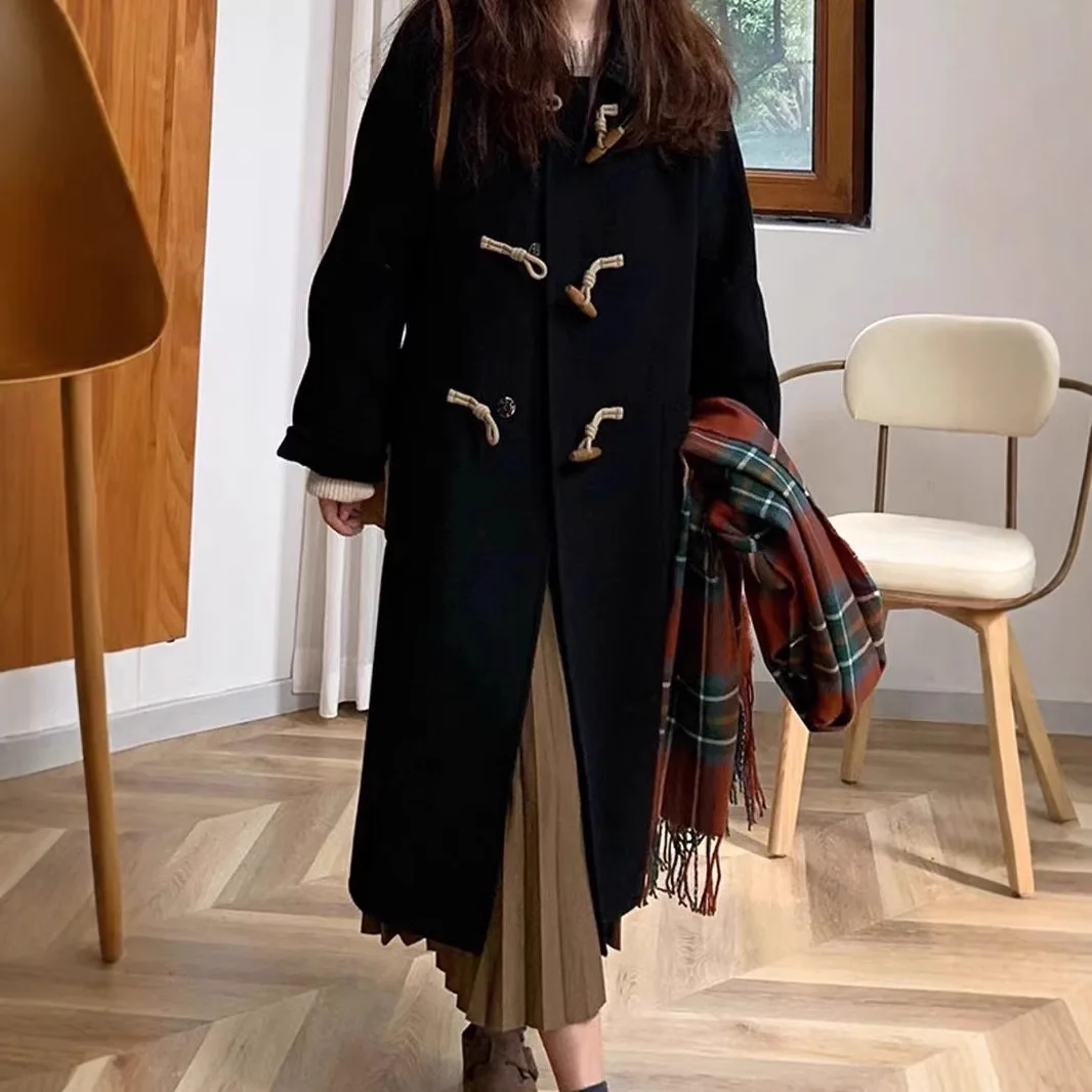 2025 New Autumn Winter Women Coat Solid Color Woolen Horn Button Coat Full Sleeve Regular Coat Christmas Festival Party Costume