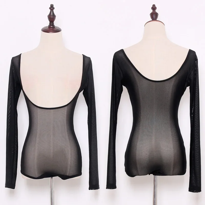 Mesh belly dance costumes senior long sleeves belly dance body top for women belly dance Sexy Transparent Nude Black Long Tops