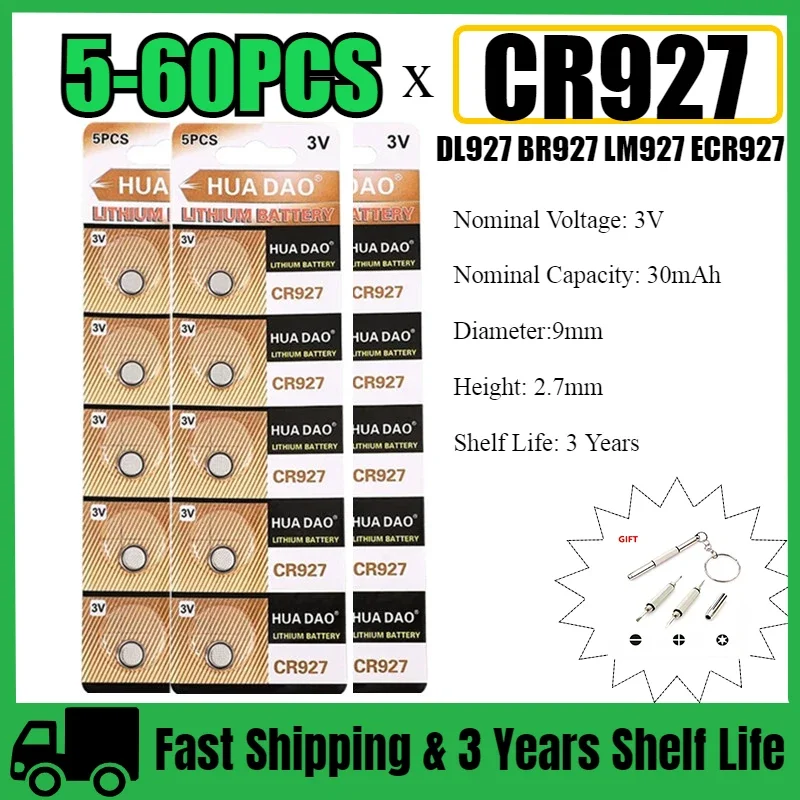 3V CR927 Lithium Button Battery BR927 ECR927 LM927 5011LC KCL927 DL927 CR927-1W Coin Cell Watch Button Cell Batteries