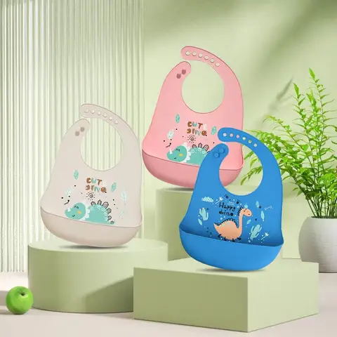 1pcs 방수 아기 턱받이 만화 공룡 인쇄 키즈 턱받이 조정가능한 부드러운 실리콘 턱받이 아기 먹이 물건