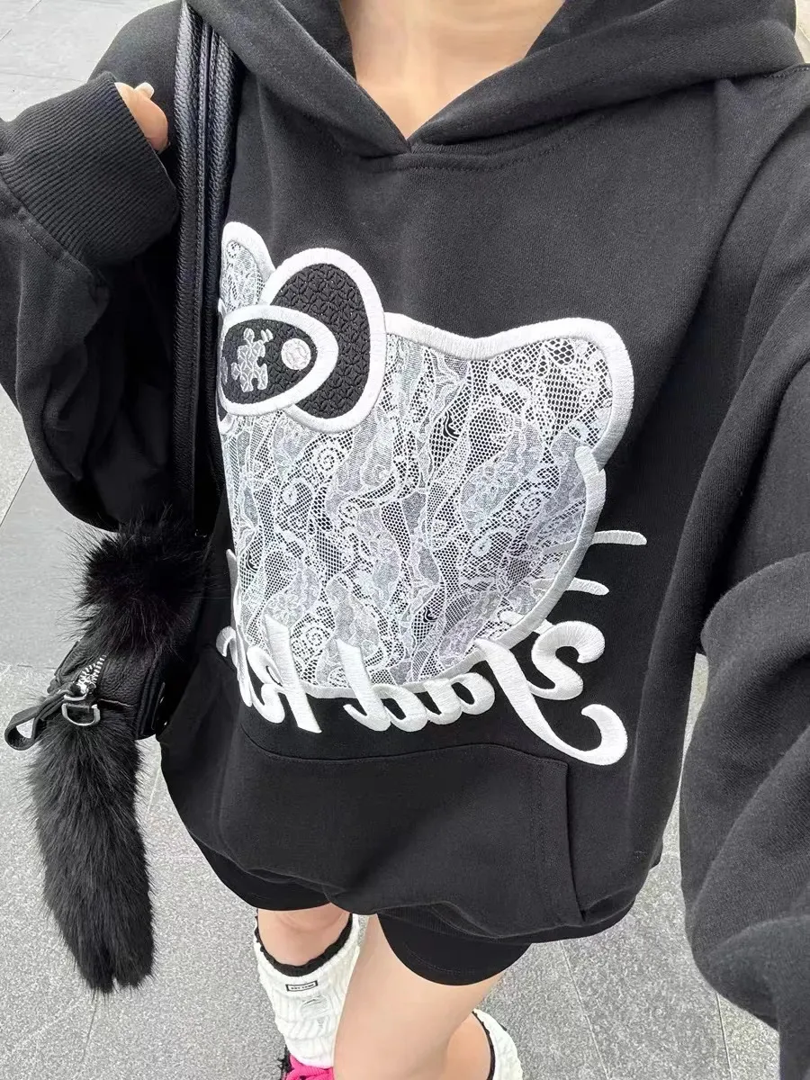 Korean Style Trendy Hello Kitty Cute 3D Embroidered Patch Hoodie for Women Y2k Hooded Cotton Pullovers with Kangaroo Pocket