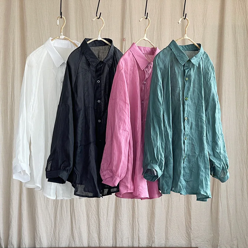 Women Causal Breathable Ramie Shirts and Tops Turn-Down Collar Fashion Color Long Sleeve Spring Blouses New Button Loose Shirts