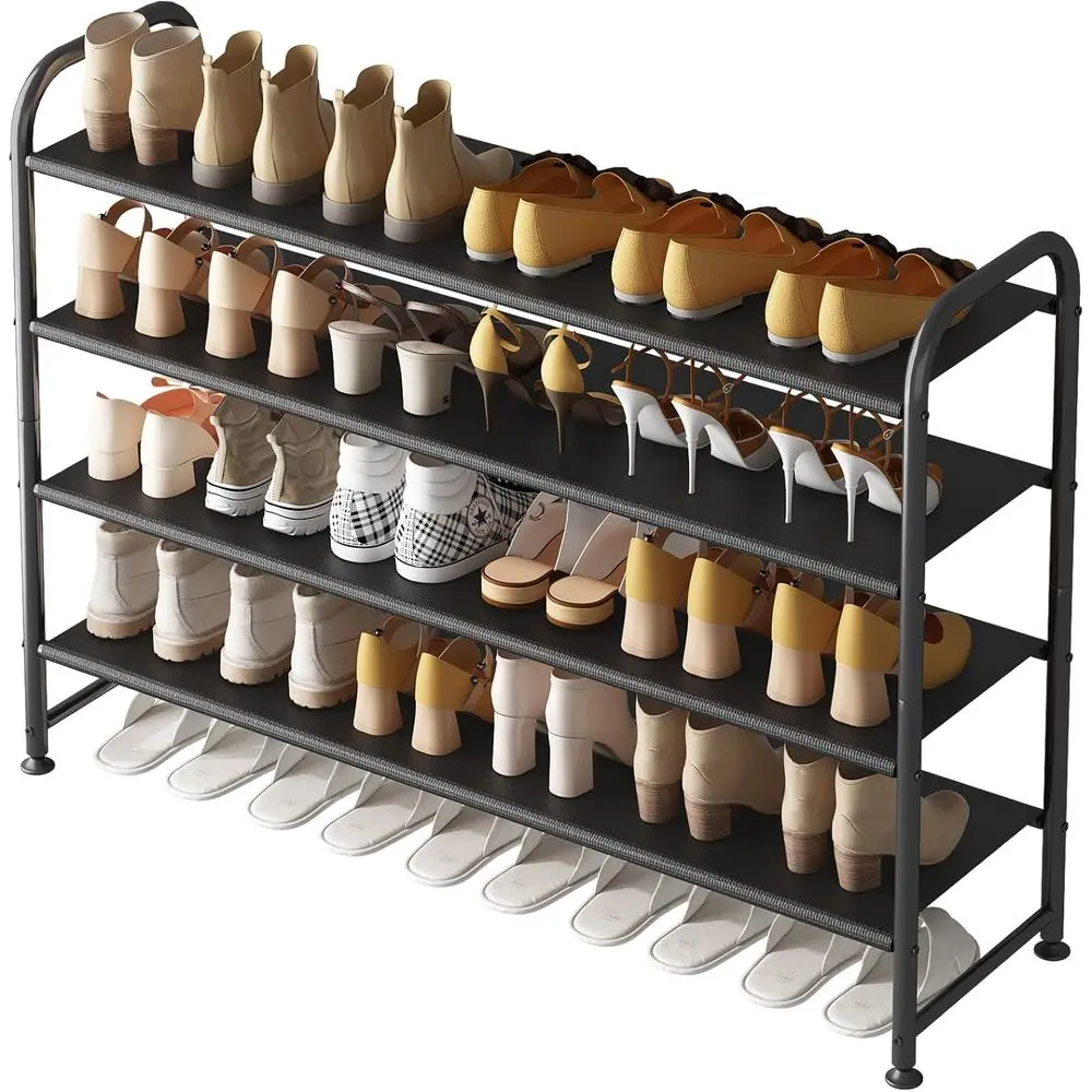 

INGIhoe Rack 4 Tier Long Storage Organizer Wide Metal Shoe Shel or Closet Entryway Black