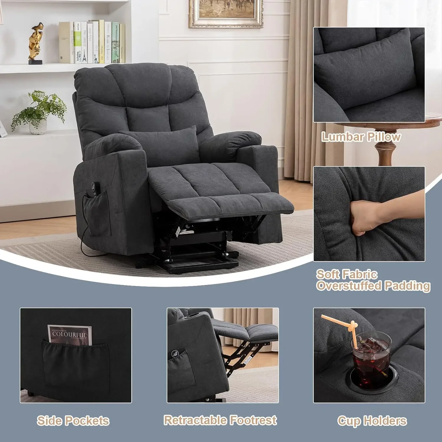 Silla elevadora reclinable para ancianos, sillón con vibración calentada, tela de tela, reclinable eléctrico con bolsillos laterales