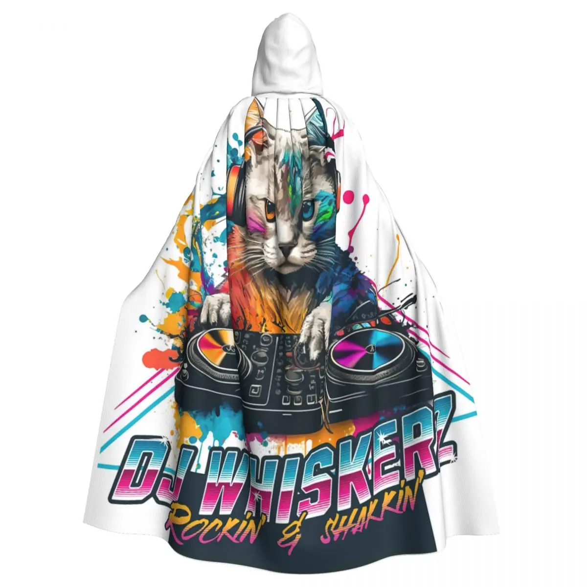 

A DJ Cat Is Playing Music Hooded Cloak Halloween Party Cosplay Woman Men Adult Long Witchcraft Robe Hood