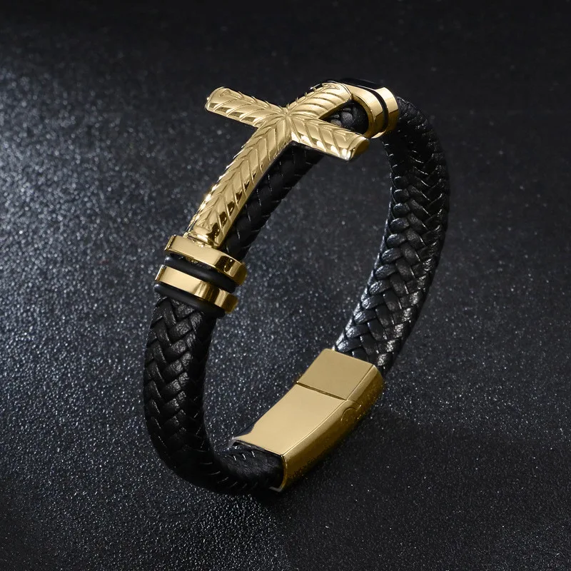 Simple and Delicate Cross Hand Braided Leather Bracelet Mens Womens Christian Amulets Everyday Casual Jewelry