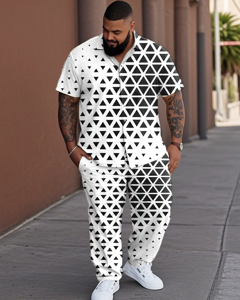 

S-9XL Plus Size Men's Geometric Print Shirt & Pants Set - Loose Fit Breathable Resort Wear for Big Tall Men