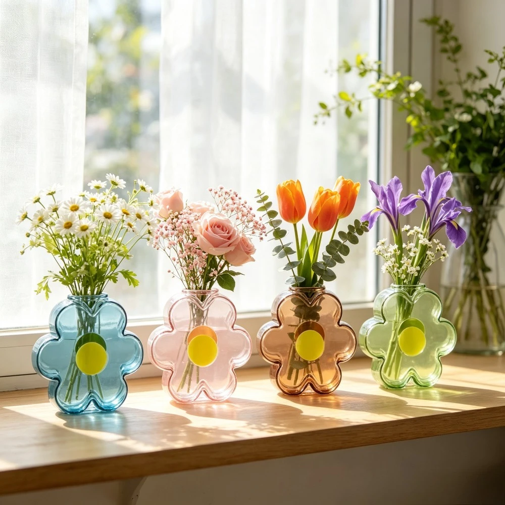 Multicolor Flower Glass Vase Petal Shape Vase with Yellow Center Ornament Glass Vase for Fresh Flowers Hydroponic Plant Decor