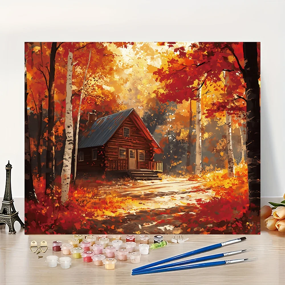 

Теплая маленькая домика, окруженная осенним лесом, набор для акриловой цифровой живописи «сделай сам», для начинающих, рамка для домашнего декора стен, в комплект не входит