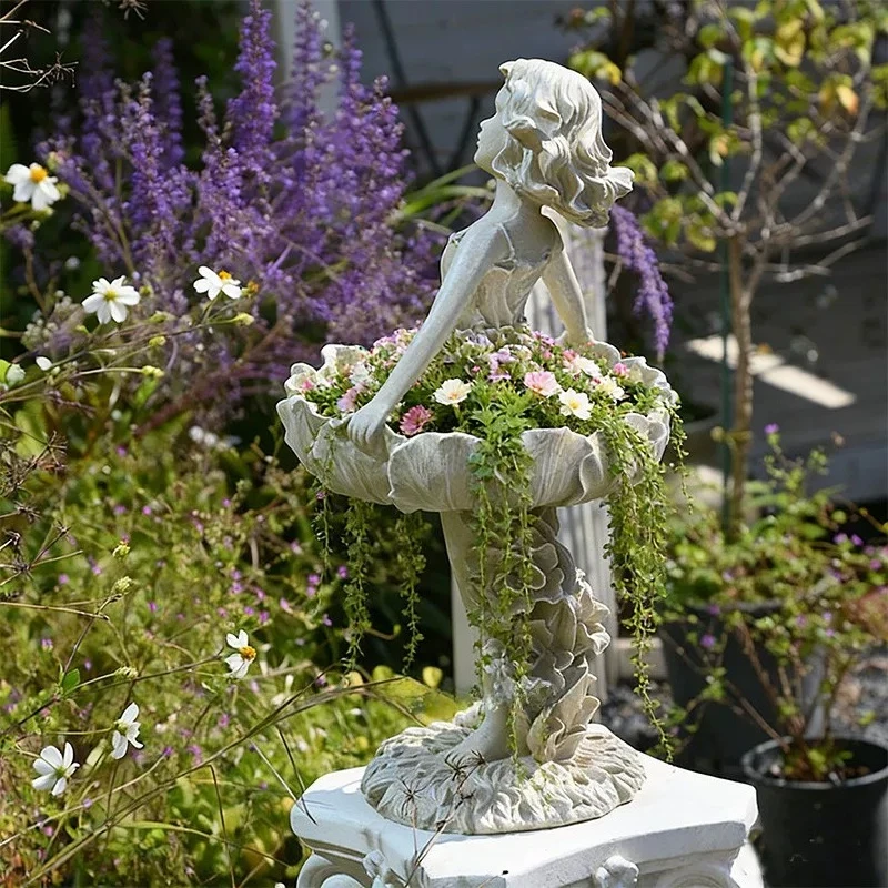 European Retro Goddess Flower Pot Resin Angel Lifting Dress Decoration Fairy Style Planter Outdoor Garden