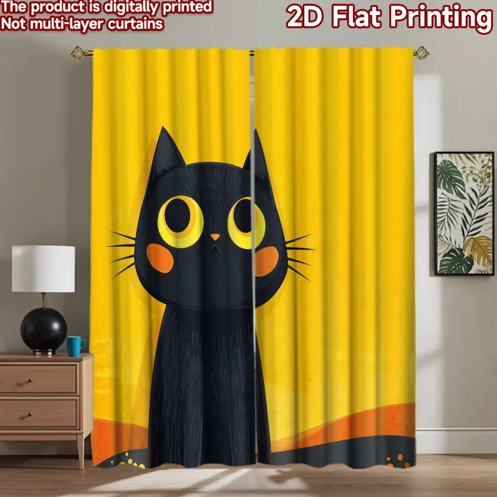 2D flat printing 2pcs Curtains Cute Black Cat Digital Printed Polyester Drapes All Season Party & Holiday Decor for Indoor