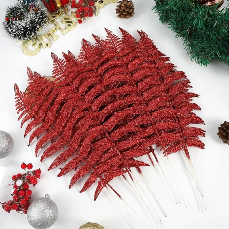 Christmas Decorations Imitation Glitter Injected Plastic Leaves Christmas Supplies Glitter Branch Accessories 10PCS