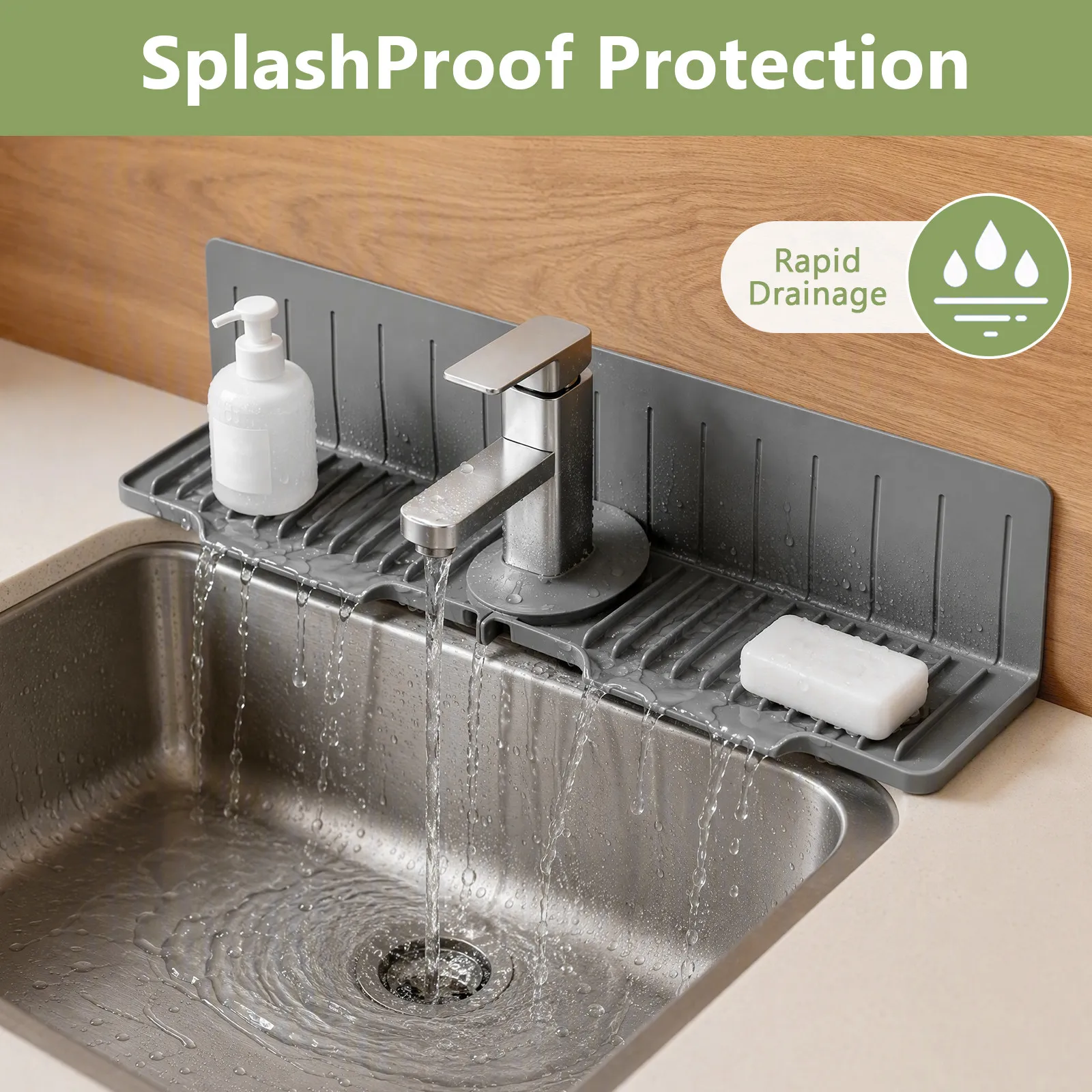 Silicone Sink Faucet Pad 24x9 Inch Waterproof Splash Guard with Suction Cups for Farmhouse Kitchen Sloped Drain Design Non Slip view 4