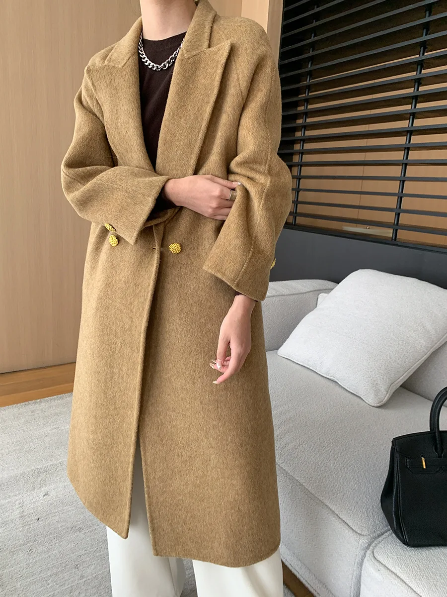 Winter Wool Trench Coat Women Fall Peacoat Long Woolen Coat Blue Khaki