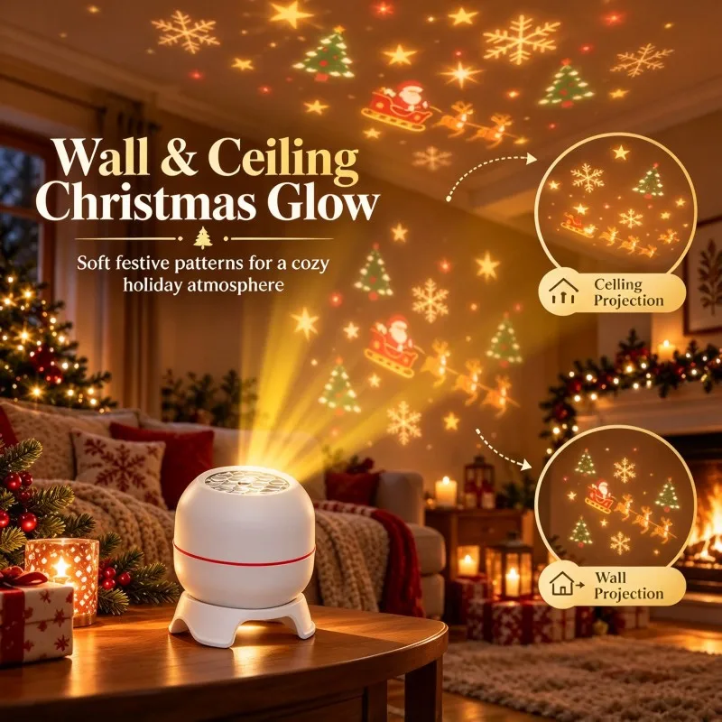 LED Christmas Pattern Projector Lamp Santa Snowflake Xmas Projection Night Light USB Powered Bedroom Home Holiday Party Decor