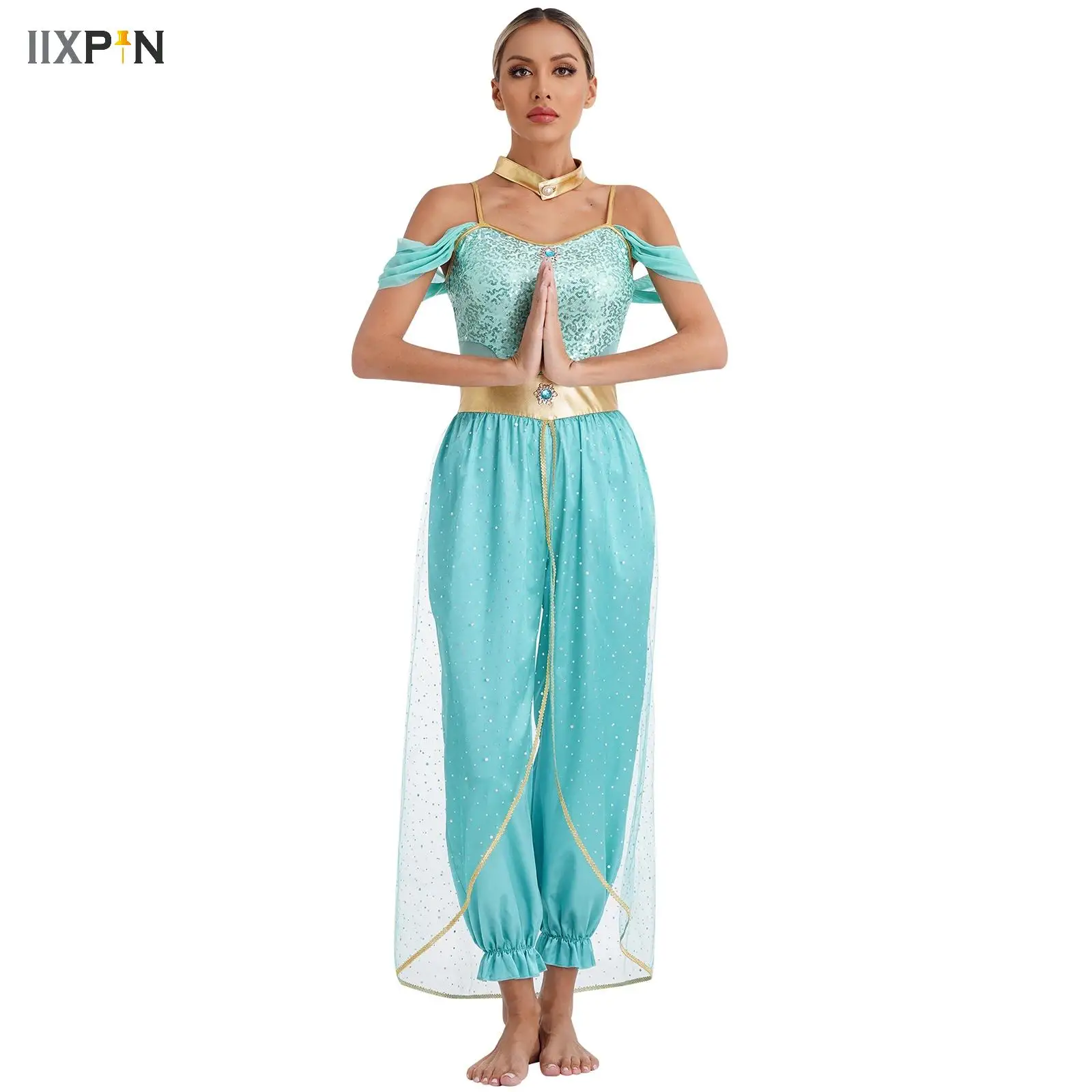 Womens Arabian Princess Cosplay Costume Adults Arabian Lamp Christmas Dress Halloween Evening Dress Sequins Jumpsuit with Choker