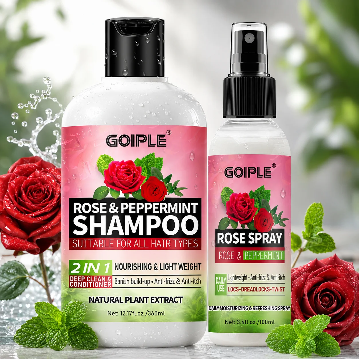 GOIPLE 2-in-1 Rose & Peppermint Shampoo and Rose Spray Set - Deep Clean & Conditioner for Locs, Dreadlocks, and Twists - Anti-Itch, Anti-Frizz, Banish Build-Up Scalp Treatment - Natural Plant Extract - 12.17oz + 3.4oz