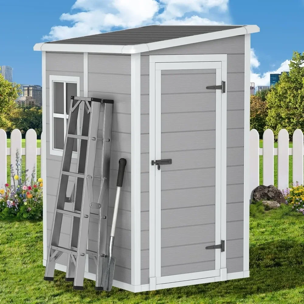 

Outdoor storage shed, 5x4 foot resin shed with flooring, weatherproof plastic with window, lockable for garden tools shed