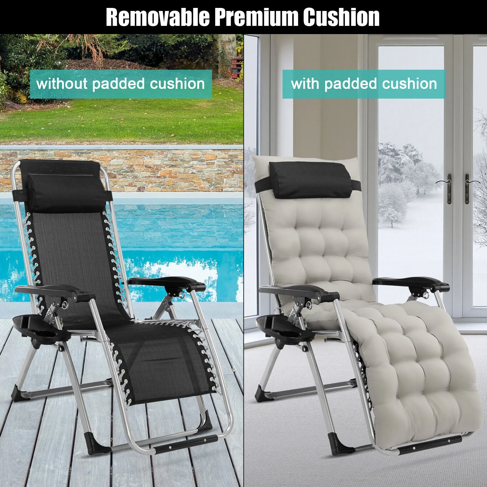 US Zero gravity lounge chair outdoor leisure chair with detachable cushion and tray-