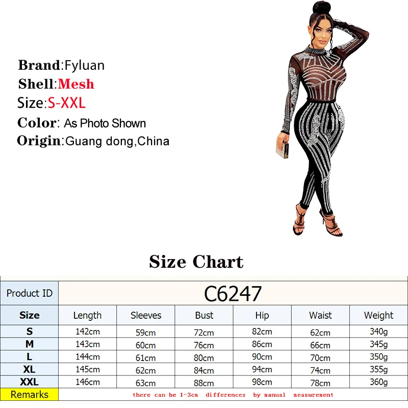 2025 繊細な女性ジャンプスーツタイトフィット長袖メッシュ透視パンツセット O ネックホットラインストーンクラブカジュアルオーバーオール