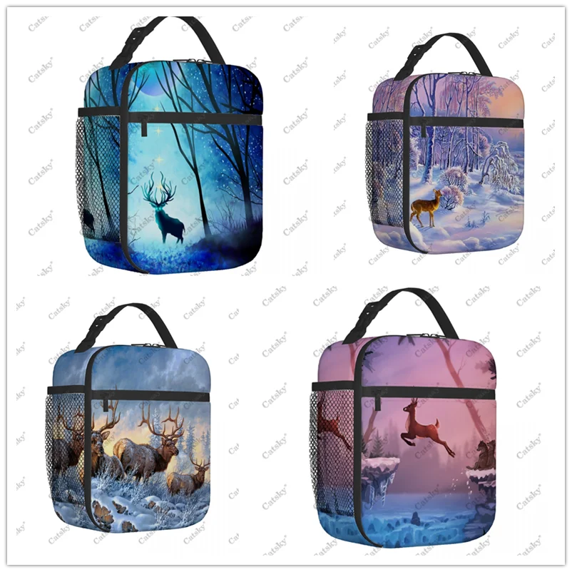 Merry Deer Snow Forest Portable aluminum foil thickened lunch bag waterproof thermal insulation printed pattern lunchs tote bags