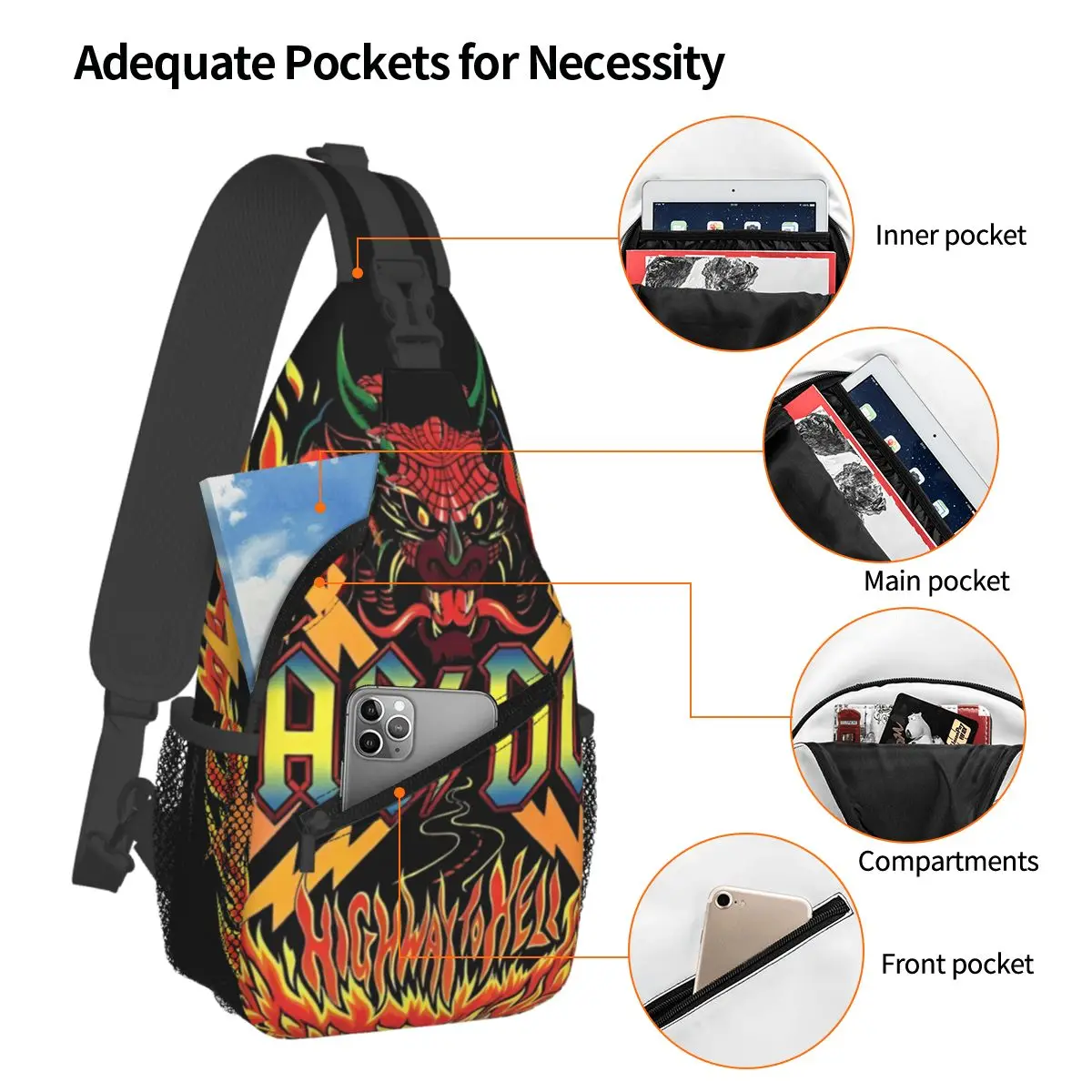 A-ACDCS Logo Hiphop Small Sling Bags Chest Crossbody Shoulder Sling Backpack Outdoor Hiking Daypacks Printed Satchel