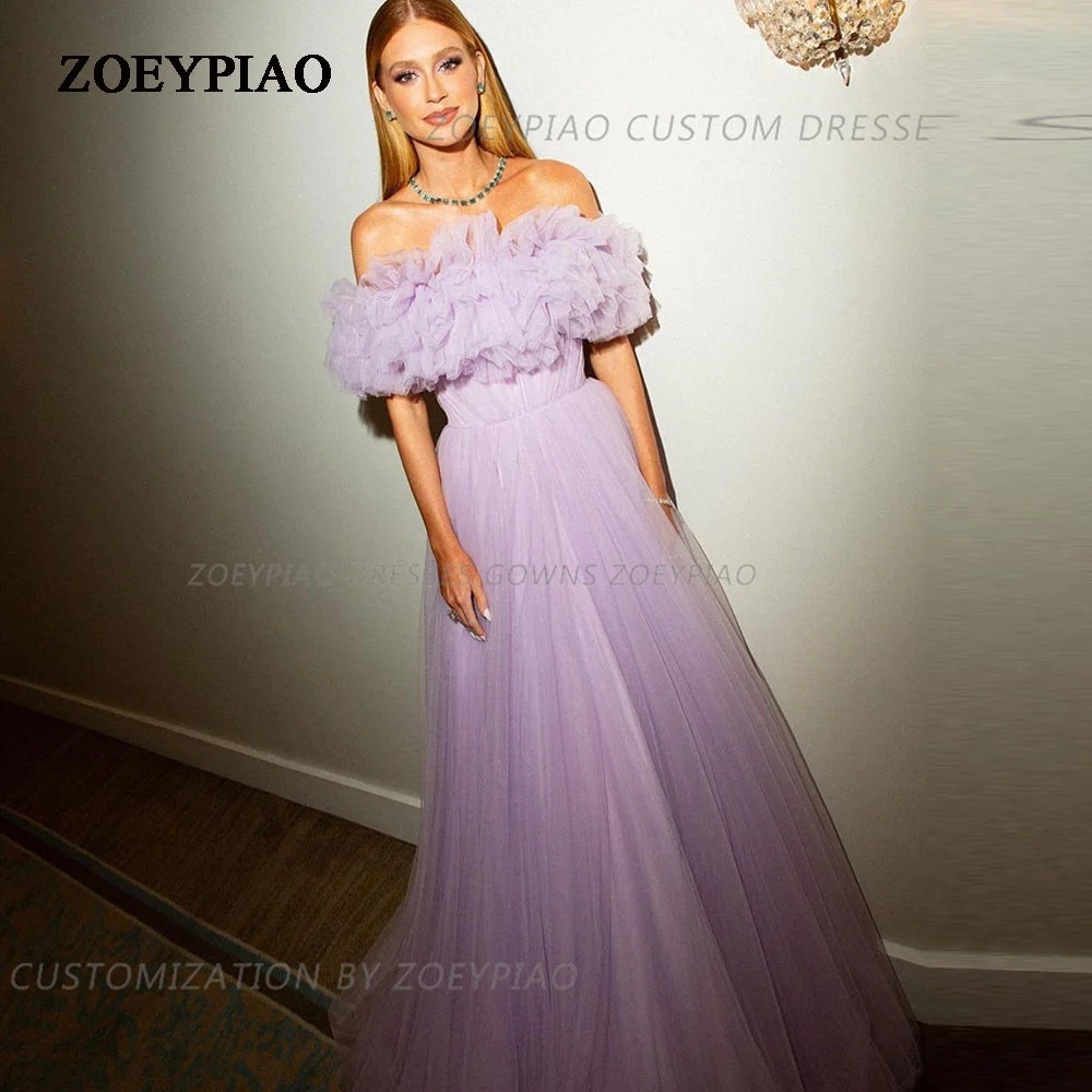 

Lavender Evening Dresses Tulle Off Shoulder Strapless A Line Ruched Long Women Simple Prom Gowns Custom made color and size