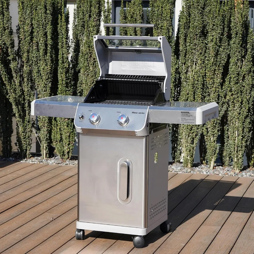 Outdoor Barbecue Grill with Transparent Lid, Dual Burner Liquid Propane Gas, LED Controller, Two Foldable Shelves