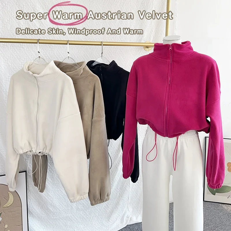 Autumn and Winter Women's Stand Collar Long Sleeve Sports Jacket Thickened Windproof Loose Warm Workout Running Sportswear