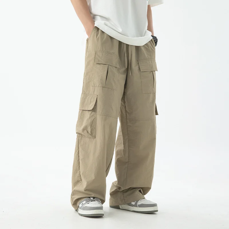 Pantalones Cargo multibolsillos para hombre, pantalón holgado de pierna recta, plisado, Color sólido, cintura elástica, estilo Hip Hop, para