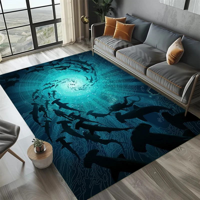 Shark Vortex Home Decor Carpet Deep Ocean Illusion Rug Underwater Adventure Theme Soft Anti-slip Area Rug for Living Room