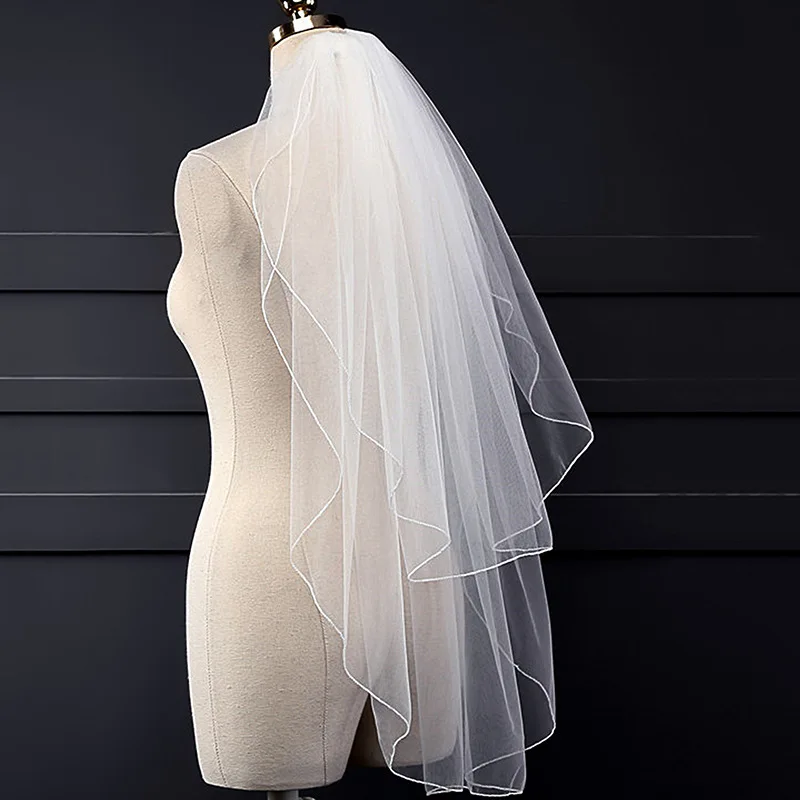 V762 Elegant Wedding Bridal Handmade Veil Two-Layer Tulle White Ribbon Edge Brides to Be Women Headdress Veil