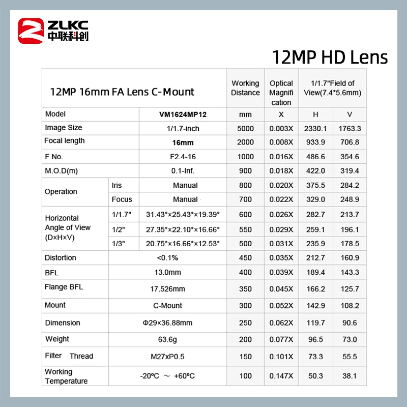 ZLKC FA عدسة ماكرو عالية الدقة ، أجزاء الدوائر التلفزيونية المغلقة للكاميرا جبل C ، آلة الرؤية المنخفضة ، F2.4 ، 16 مللي متر ، 12MP ، 1.7"